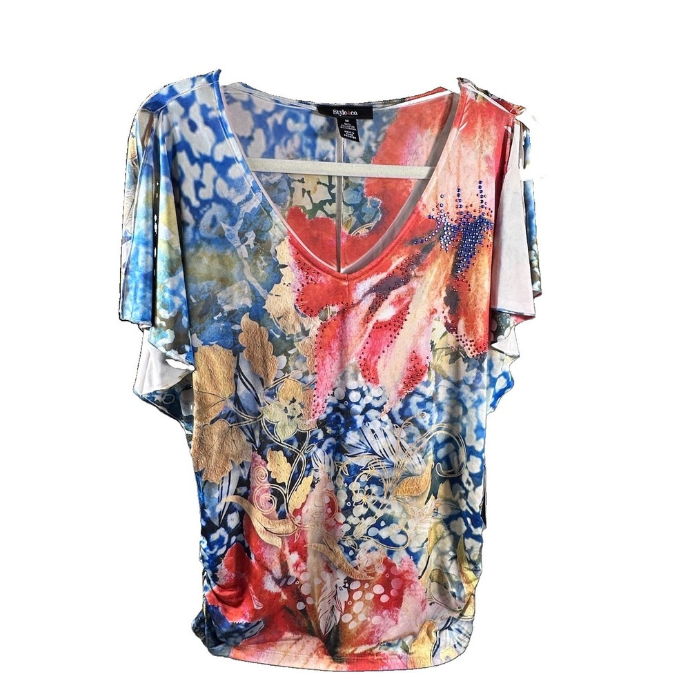 Style & Co Top Medium Rhinestone Floral Print Y2K Short Sleeve Ruched Boho 90's